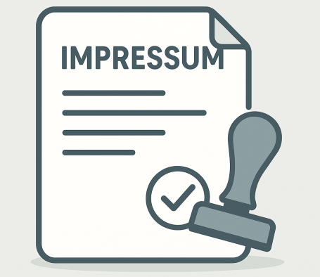 Impressumbild Dokument mit dem Titel "Impressum" und einem Stempel mit Häkchen.